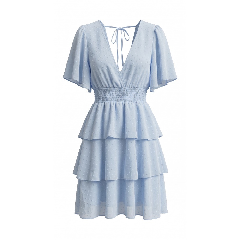 SHEIN Light Blue Swiss Dot Tiered Mini Dress Flutter Sleeve Smocked Waist XS